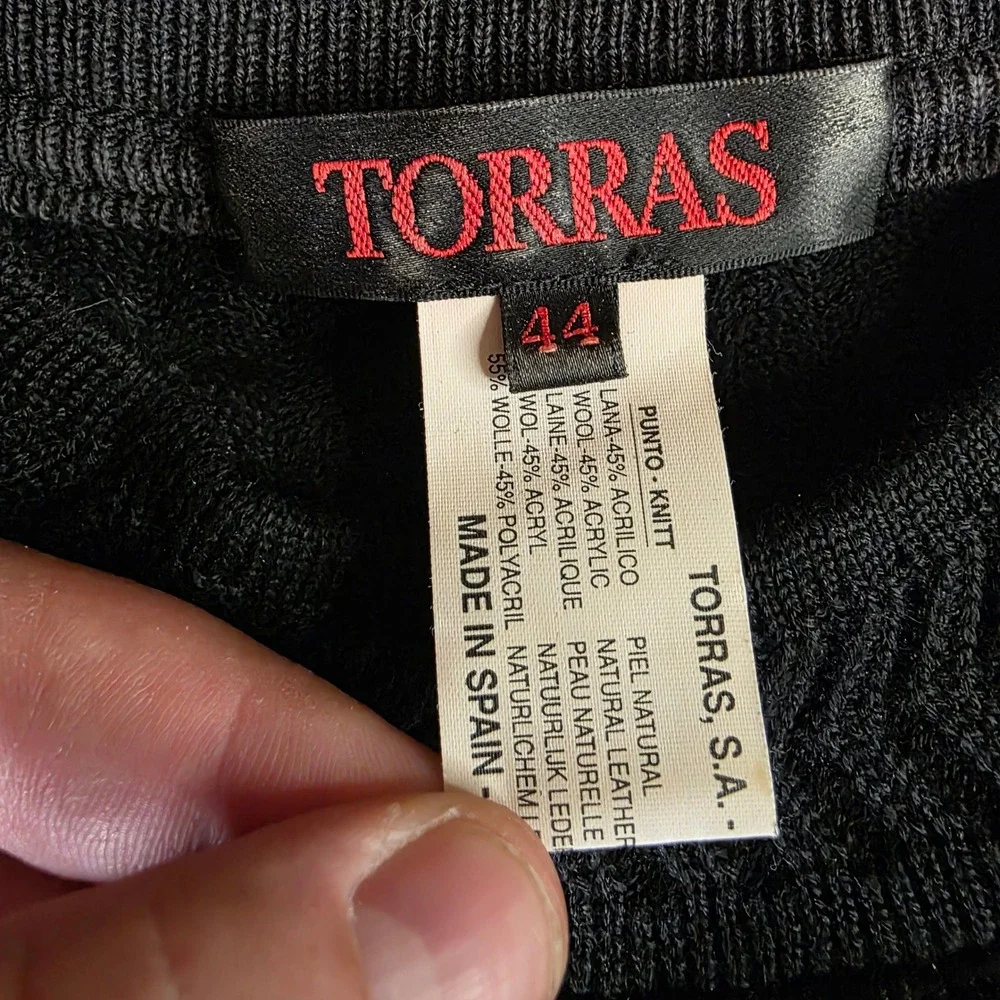 Vintage TORRAS Spain Black Wool Leather Knit Crewneck Sweater Mens 44 Large